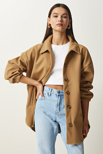 Happiness İstanbul Women's Biscuit Buttoned Pocket Oversize Shirt Jacket DD01263