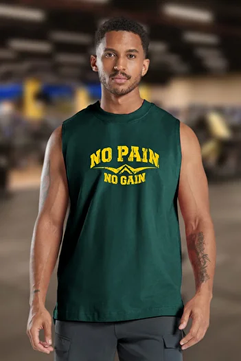 BESSA Men's No Pain No Gain Printed Petrol Oversize Crew Neck Cotton Sleeveless T-Shirt/Athlete