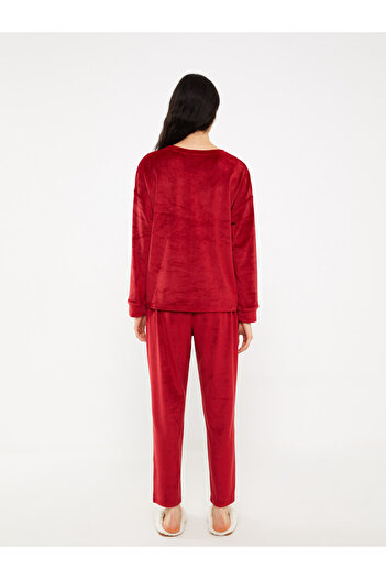 LC Waikiki Crew Neck Patterned Long Sleeve Women's Velvet Pajamas Set