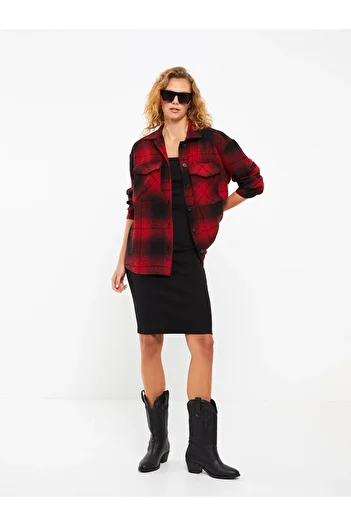 LC Waikiki Front Button Closure Plaid Long Sleeve Women's Shirt Jacket
