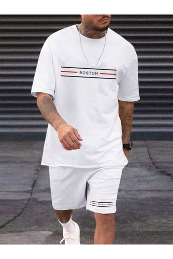 AMMA Men's White Boston Printed Top and Bottom T-Shirt Set with Shorts