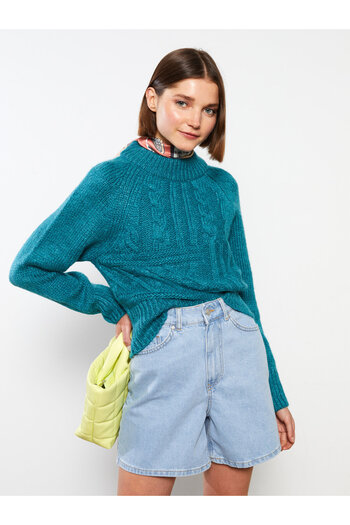 LC Waikiki Long Sleeve Patterned Women's Knitwear Sweater - Stand Collar