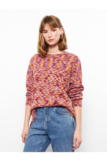 LC Waikiki Gemusterter Damen-Strickpullover mit langen Ärmeln und Rundhalsausschnitt