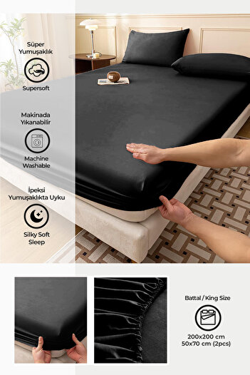 Evlen Home Collection Ranforce Fabric 100% Cotton Single / Double Elastic Sheet Set 3 Pieces Black| Hotel Bed Sheet