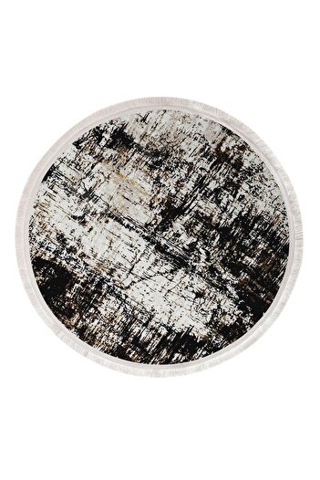 Dijidekor K1310 Black Fringed Digital Round Carpet Non-Slip Washable Bathroom Carpet 120X120