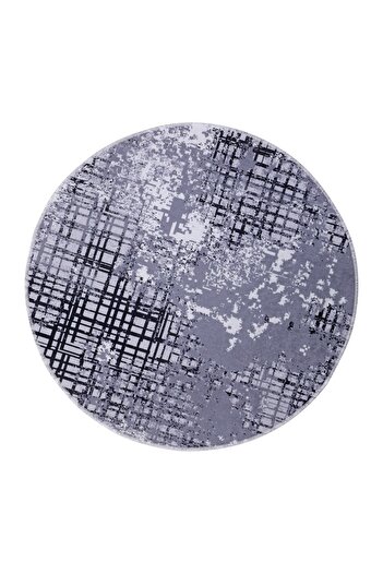 Dijidekor 8881 Gray Black Fringeless Digital Printed Round Washable Decorative Carpet 100X100
