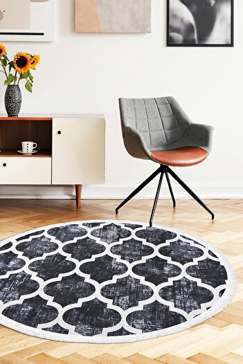 Dijidekor Decorative Digital Fringed Round Carpet Washable Antiallergic Spade Black 130X130