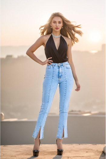 SHEVEGA Ice Blue High Waist Spanish Leg Ripped Jeans Jeans