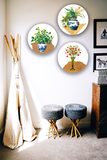 Nod Vase Vintage Painting Set, 3-Piece Decorative Ornament, Living Room, Bedroom, Hall, Office Wall Decoration