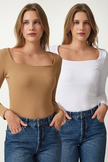 Happiness İstanbul Weiße Damen-Strickbluse mit quadratischem Ausschnitt – 2er-Pack GT00056
