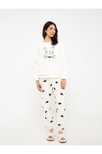 LC Waikiki Crew Neck Embroidered Long Sleeve Plush Women's Pajamas Set