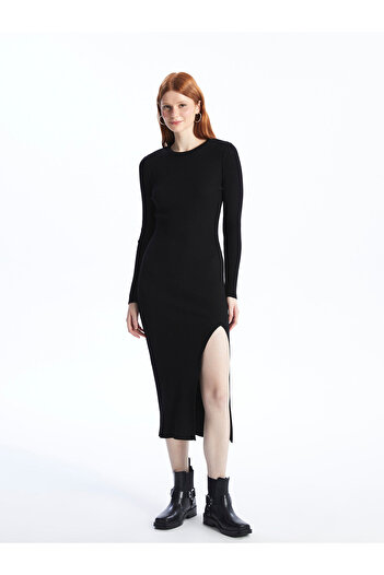 LC Waikiki Women's Bodycon Dress - Crew Neck, Solid Long Sleeve