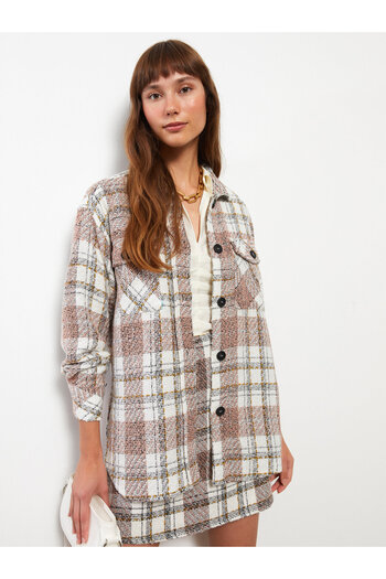 LC Waikiki Karierte Langarm-Tweed-Übergröße-Hemdjacke für Damen