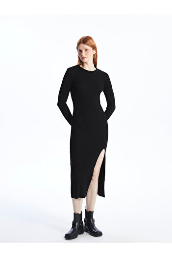 LC Waikiki Women's Bodycon Dress - Crew Neck, Solid Long Sleeve