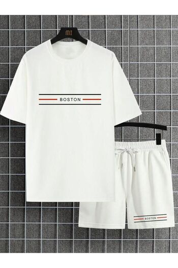AMMA Men's White Boston Printed Top and Bottom T-Shirt Set with Shorts