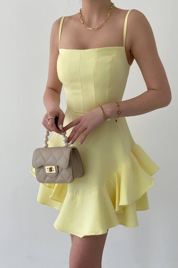 bayansepeti Women's Skirt Floor Detailed Adjustable Thin Strap Yellow Evening Dress 102
