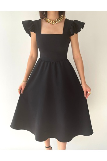 bayansepeti Black Atlas Fabric Design na ramenou Detailní čtvercový límec Midi večerní šaty 125