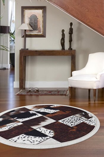 Dijidekor Dr01 Brown Fringed Digital Round Carpet Non-Slip Washable 100X100