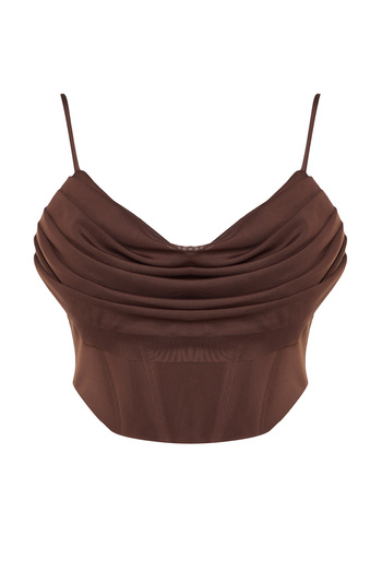 Trendyol Collection Knitted Tulle Blouse - Brown Corset Detailed, TPRSS24BZ00003