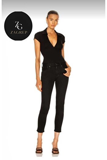 Zagrep Women's Black Short Sleeve with Placket Collar Imported Jersey Zagrep Fabric Double Layer Does Not Show Underwear
