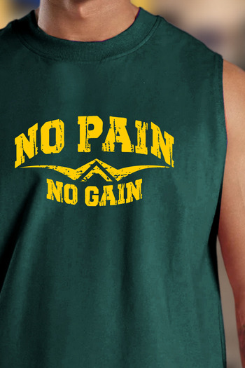 BESSA Men's No Pain No Gain Printed Petrol Oversize Crew Neck Cotton Sleeveless T-Shirt/Athlete