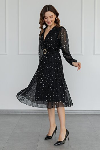 vuvutasarım Polka Dot Patterned Pleated Lined Chiffon Fabric Belt Detailed Flared Cut Midi Double Breasted Black Dress 091