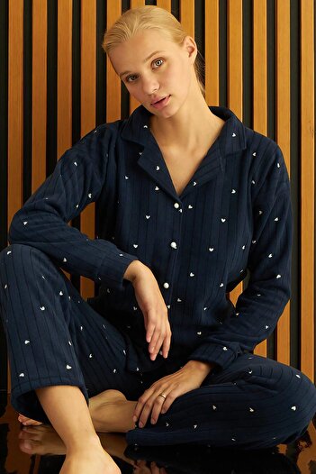 Pijamaevi Navy Blue Jantung Patterned Front Buttoned Plush Fleece Pajama Set