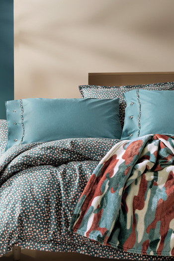 Yataş Tris Double 5 Piece Wellsoft Blanket, Cotton Duvet Cover Set - Blue