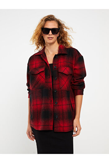 LC Waikiki Front Button Closure Plaid Long Sleeve Women's Shirt Jacket