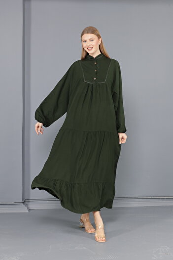 mervemoda Women's Khaki large size dominant collar woven dress