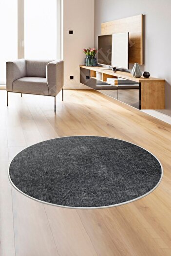 Dijidekor K1290 Anthracite Fringeless Digital Round Carpet Non-Slip Washable Carpet 110X110