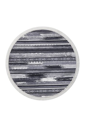 Dijidekor Cologne Gray Fringed Digital Round Carpet Non-Slip Washable 100X100