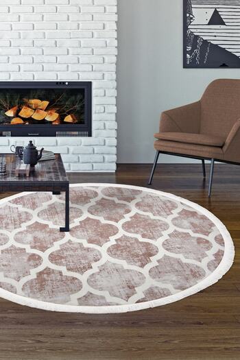 Dijidekor Decorative Digital Fringed Round Carpet Washable Antiallergic Spade Beige 110X110
