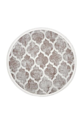 Dijidekor Decorative Digital Fringed Round Carpet Washable Antiallergic Spade Beige 110X110