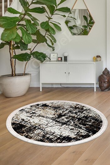 Dijidekor K1310 Black Fringed Digital Round Carpet Non-Slip Washable Bathroom Carpet 120X120