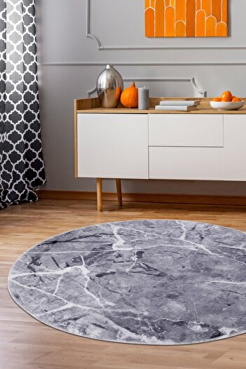 Dijidekor Granite Gray Fringeless Digital Printed Round Washable Decorative Carpet 100X100