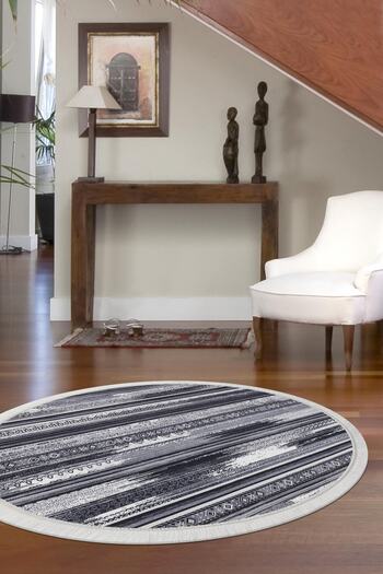 Dijidekor Cologne Gray Fringed Digital Round Carpet Non-Slip Washable 120X120