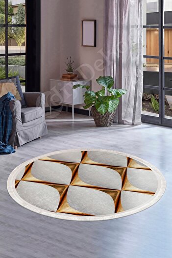 Dijidekor Ky7059 Gold Fringed Digital Round Carpet Non-Slip Washable Bathroom Rug 100X100
