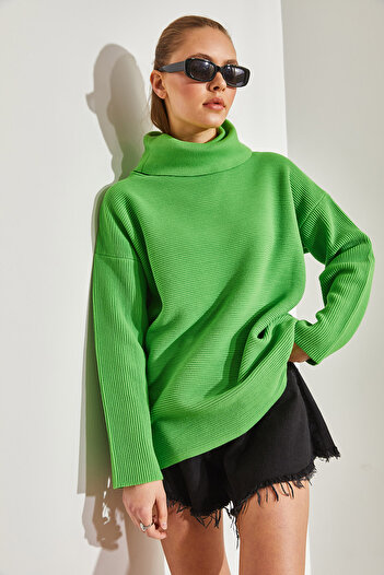 Bianco Lucci Women's Turtleneck Ottoman Knitted Oversize Knitwear Sweater