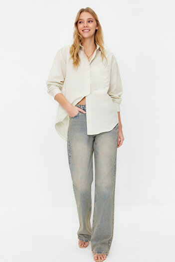 Trendyol Collection Dark Beige Single Pocket Boyfriend Woven Cotton Shirt TWOAW20GO0115