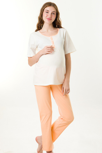 MS HAMİLE İÇ GİYİM Ecru-Salmon Maternity and Maternity Pajama Set - Hg0048
