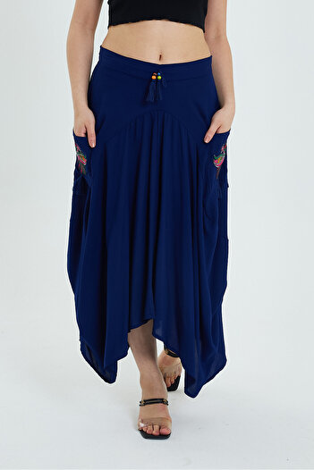AYASOFYA OTANTIK Fusta Shalwar etnică autentică pentru femei, albastru bleumarin, cu buzunare elastice în talie, ciucuri și detaliu de broderie