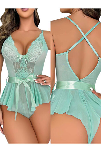 Lumenia Women's Fantasy Babydoll in Pistachio Green - Lace Detailed