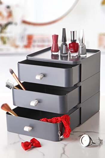 Bayev Organizator de masă cu sertar gri cu 3 niveluri Cutie de bijuterii pentru machiaj Organizator de accesorii Colector