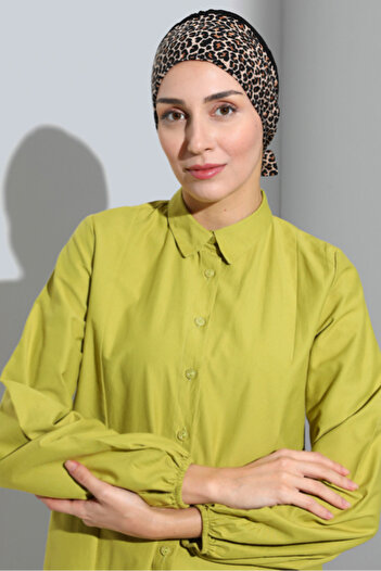 Vera Καπάκι κολύμβησης Arya Ready Turban Χτενισμένο βαμβακερό λεοπάρ μαύρο χιτζάμπ Καπάκι κολύμβησης με δέσιμο λεοπάρ λουράκι