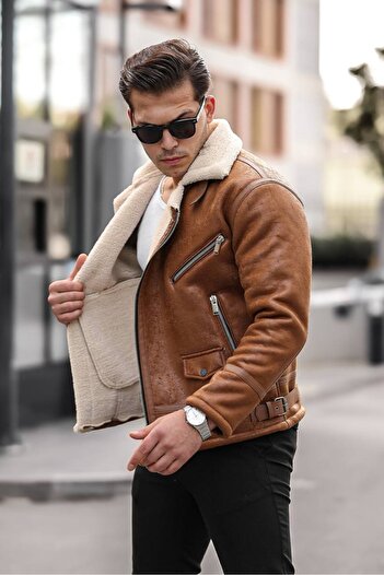 Oliggopol Men's Tan Color Napa Leather Cross Model Coat