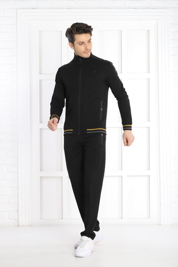 NEED LİFE Men's Black Comfortable Fit Pocket Pipe Leg Stand Collar Embroidered Double Cotton Tracksuit Set