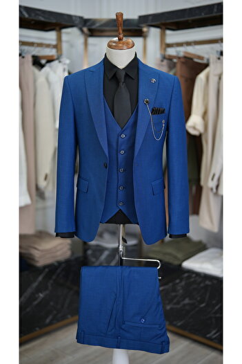 LONATOLİA Costum slim fit pentru bărbați - croială italiană, guler coadă de rândunică, jachetă Dobby și pantaloni vestă-albastru