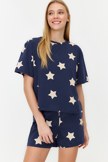 Trendyol Collection Hvězdicový vzor 100% bavlna, tmavě modrá sada pyžama - THMSS22PT0501