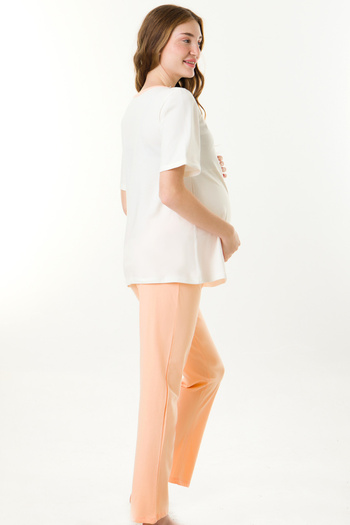 MS HAMİLE İÇ GİYİM Ecru-Salmon Maternity and Maternity Pajama Set - Hg0048
